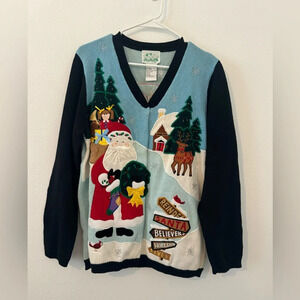 Quacker Factory North Pole Santa Workshop Christmas Sweater Cardigan NWT M *read